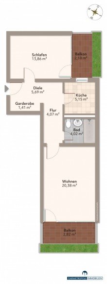 Grundriss unm�bliert 2-Zimmer-Wohnung in ruhiger und gepflegter Wohnanlage + Attraktiver Grundriss + Duplexparker