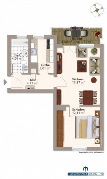 Grundriss 2-Zimmer-Wohnung in modernisierter Wohnanlage, ideal zur Eigennutzung oder als Kapitalanlage
