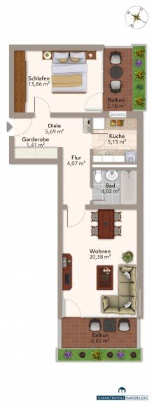 Grundriss m�bliert 2-Zimmer-Wohnung in ruhiger und gepflegter Wohnanlage + Attraktiver Grundriss + Duplexparker